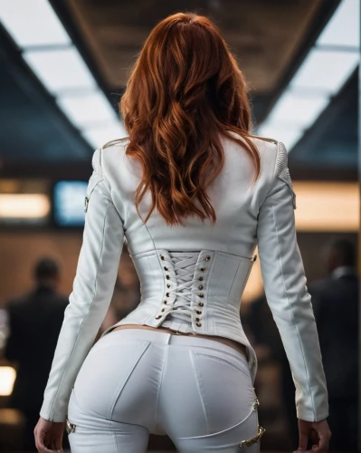 back view,woman's backside,rear view,white velvet,ass,from the rear,bolero jacket,maria,eva,bodysuit,rear,baby back view,white,diamond back,mother bottom,girl from the back,back,girl from behind,see-through clothing,black widow,Photography,General,Cinematic
