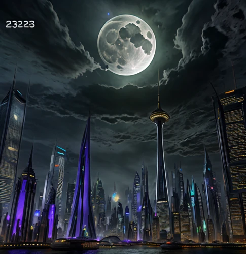 world digital painting,futuristic landscape,black city,cartoon video game background,moon phase,lunar landscape,digital compositing,city at night,moonlit night,3d background,fantasy city,city scape,sci fiction illustration,sky city,city skyline,moon and star background,super moon,night scene,fantasy picture,background image