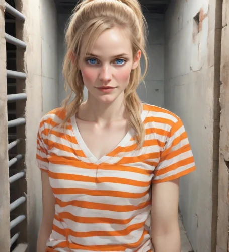 clementine,orange color,girl in t-shirt,madeleine,orange,striped background,horizontal stripes,orange half,cotton top,bright orange,in a shirt,polo shirt,realdoll,orange cream,laurie 1,striped,stripes,bodypaint,vada,orange eyes,Digital Art,Comic