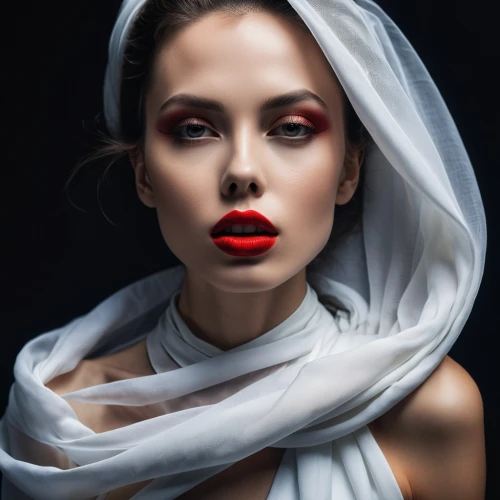 red lips,red lipstick,girl in cloth,retouching,white and red,white silk,retouch,romantic portrait,portrait photographers,woman portrait,portrait photography,headscarf,girl with cloth,rose white and red,vampire woman,rouge,portrait background,wrapped up,women's cosmetics,veil