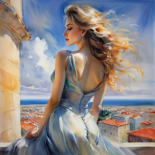italian painter,romantic portrait,girl in a long dress,art painting,fantasy art,celtic woman,a girl in a dress,oil painting,oil painting on canvas,world digital painting,photo painting,fineart,young woman,sea breeze,fantasy picture,rapunzel,girl in a long dress from the back,ball gown,mystical portrait of a girl,gracefulness,Illustration,Paper based,Paper Based 11
