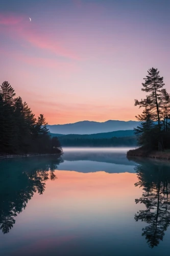 vermont,blue ridge mountains,evening lake,calm water,calm waters,tranquility,united states national park,reflections in water,before dawn,great smoky mountains,beautiful lake,reflection in water,high mountain lake,before the dawn,new england,landscape photography,the chubu sangaku national park,pink dawn,water reflection,blue hour,Photography,General,Realistic