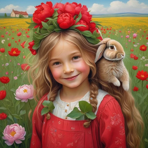 girl in flowers,girl in a wreath,girl picking flowers,little girl in wind,hares,children's background,beautiful girl with flowers,bunny on flower,flower girl,rabbits and hares,flower animal,mystical portrait of a girl,oil painting on canvas,flower painting,child portrait,tenderness,little bunny,little rabbit,girl in the garden,young hare,Photography,Documentary Photography,Documentary Photography 10