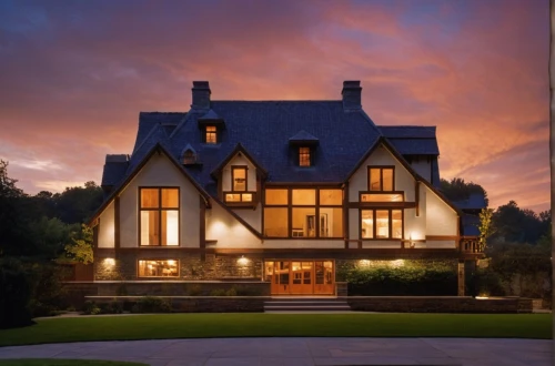 new england style house,beautiful home,luxury home,two story house,large home,country house,luxury property,wooden house,country estate,house shape,crispy house,chalet,architectural style,brick house,landscape lighting,house silhouette,half-timbered,luxury real estate,exterior decoration,mansion,Photography,General,Natural