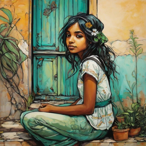 girl in the garden,girl in flowers,girl picking flowers,girl in a wreath,relaxed young girl,jasmine,a beautiful jasmine,jasmine blossom,girl sitting,west indian jasmine,indian jasmine,girl with tree,jasmine flower,flower painting,indian girl,indian art,boho art,jasmine crape,girl praying,by chaitanya k,Illustration,Realistic Fantasy,Realistic Fantasy 23