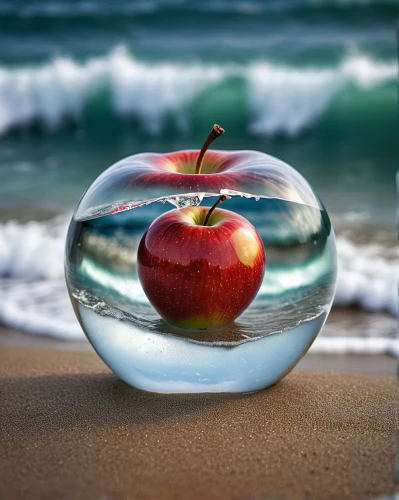 water apple,crystal ball-photography,glass sphere,surface tension,photo manipulation,refraction,lensball,beach ball,reflection in water,apple design,apple logo,golden apple,reflections in water,crystal ball,photoshop manipulation,beach background,red apple,water reflection,reflection of the surface of the water,fruits of the sea,Photography,General,Realistic