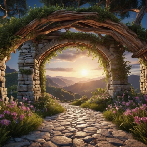 hobbiton,hobbit,rose arch,fantasy landscape,fairy door,heaven gate,archway,pathway,natural arch,full hd wallpaper,fantasy picture,cartoon video game background,the threshold of the house,the mystical path,fairy village,home landscape,background with stones,fairy world,way of the roses,landscape background,Photography,General,Realistic