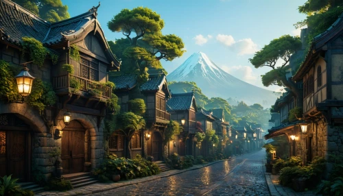 aurora village,mountain village,fantasy landscape,mountain settlement,alpine village,medieval street,knight village,medieval town,3d fantasy,fantasy city,fantasy world,fantasy picture,wooden houses,meteora,the cobbled streets,escher village,old linden alley,narrow street,merida,ancient city,Photography,General,Fantasy