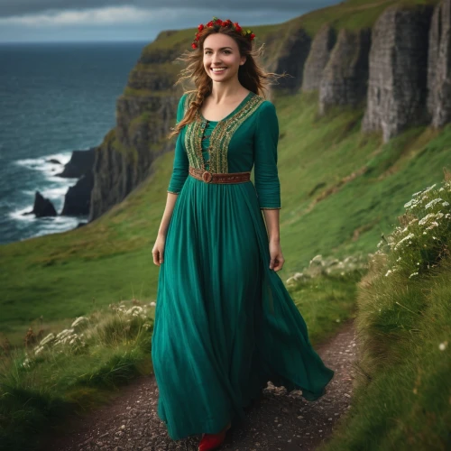 celtic woman,celtic queen,carrick-a-rede,ireland,irish,celtic harp,girl in a long dress,green dress,orla,donegal,enchanting,fae,cliffs of moher,cliff of moher,northern ireland,hoopskirt,moher,scottish,isle of may,vintage dress,Photography,General,Fantasy