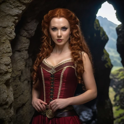 celtic woman,celtic queen,maureen o'hara - female,clary,bodice,redheads,red-haired,fantasy woman,redhair,the enchantress,red gown,red tunic,hobbit,fae,piper,enchanting,lady in red,red head,merida,celtic harp,Photography,General,Realistic