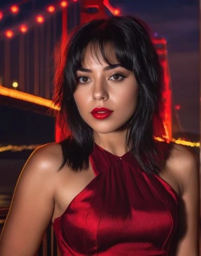 lady in red,red,harbor bridge,young model istanbul,girl in red dress,on a red background,portrait background,red background,cosmopolitan,night view of red rose,rosa bonita,romantic look,hallia venezia,photo session at night,icon instagram,red lips,in red dress,silk red,red lipstick,azerbaijan azn,Photography,General,Realistic