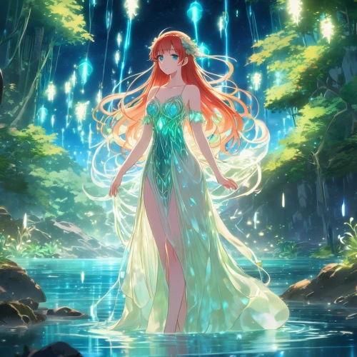rusalka,nami,mermaid background,ariel,fantasia,merida,little mermaid,water nymph,water-the sword lily,lilly of the valley,celtic woman,green mermaid scale,merfolk,fairy queen,underwater background,cg artwork,fairy world,vanessa (butterfly),celtic queen,mermaid,Illustration,Japanese style,Japanese Style 03