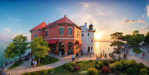 mackinac island,frederic church,thimble islands,3d rendering,murano lighthouse,maiden's tower views,willemstad,frontenac,victorian,rotorua,3d render,crooked house,3d rendered,victorian house,burano island,burano,popeye village,seaside resort,curacao,red lighthouse,Photography,General,Cinematic