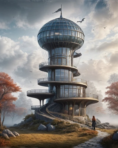 observation tower,bird tower,round house,futuristic architecture,sky space concept,watertower,sky apartment,animal tower,cellular tower,watchtower,steel tower,control tower,observatory,the skyscraper,lookout tower,futuristic landscape,the observation deck,residential tower,earth station,tree house