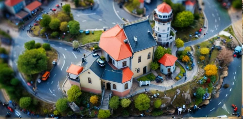 tilt shift,escher village,aerial view umbrella,lensball,oktoberfest background,český krumlov,medieval town,aerial landscape,bird's-eye view,townscape,aerial photography,aerial shot,bird's eye view,miniature house,krumlov,sibiu,miniature cars,isometric,luneburg,macroperspective,Unique,3D,Panoramic