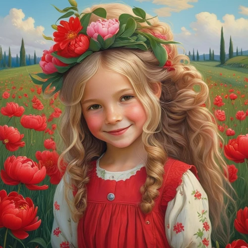 girl in flowers,girl in a wreath,beautiful girl with flowers,girl picking flowers,flower girl,flower painting,child portrait,romantic portrait,mystical portrait of a girl,a girl's smile,red petals,girl portrait,eglantine,little girl in wind,portrait of a girl,little girl fairy,poppy red,red flowers,blooming wreath,oil painting on canvas,Photography,Documentary Photography,Documentary Photography 10