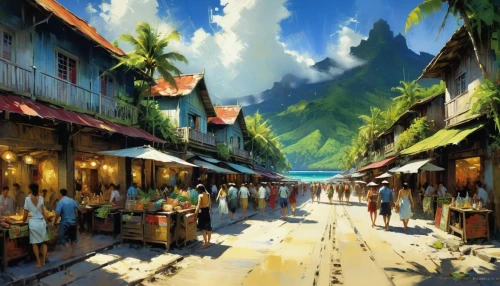 honolulu,fishing village,fruit market,tahiti,souk,world digital painting,oahu,izakaya,marketplace,market,studio ghibli,the market,seaside resort,moorea,hippy market,vendors,floating market,vietnam,watercolor shops,bora bora,Art,Artistic Painting,Artistic Painting 32