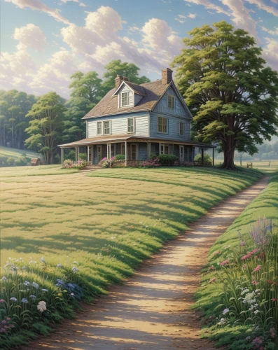 home landscape,lonely house,summer cottage,country house,studio ghibli,little house,violet evergarden,landscape background,country cottage,rural landscape,cottage,beautiful home,farmhouse,house painting,meadow landscape,idyllic,dandelion hall,farm house,old home,country estate