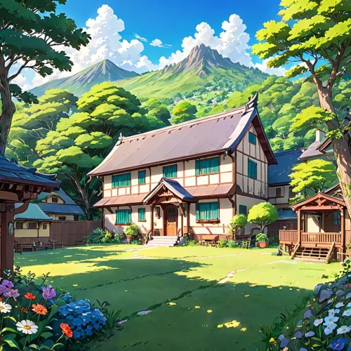 studio ghibli,home landscape,landscape background,mountain village,idyllic,tsukemono,alpine village,japanese sakura background,ginkaku-ji,summer cottage,japan landscape,aurora village,house in the mountains,springtime background,house in mountains,roof landscape,house in the forest,spring background,mountain scene,sakura background,Anime,Anime,Traditional