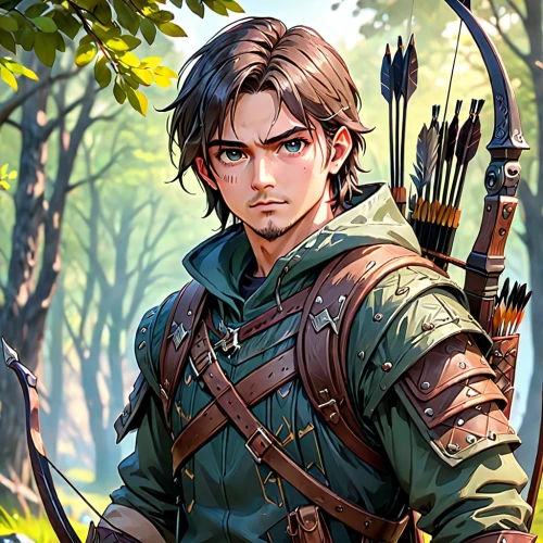 robin hood,male elf,bran,archer,male character,link,game illustration,forest man,cg artwork,huntsman,konstantin bow,gamekeeper,woodsman,witcher,hunter,moulder,elven,tyrion lannister,ayutthaya,forest background,Anime,Anime,General