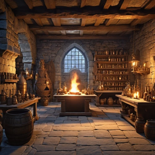 candlemaker,apothecary,fireplaces,fireplace,wine cellar,collected game assets,hearth,tinsmith,potions,wood-burning stove,stone oven,medieval architecture,tavern,blacksmith,medieval,ancient house,fire place,cellar,castle iron market,forge,Photography,General,Realistic
