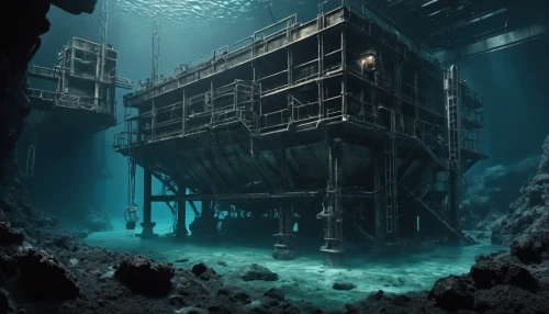 sunken church,sunken ship,deep sea diving,the bottom of the sea,engine room,deep sea,underwater playground,heavy water factory,bottom of the sea,sunken boat,mining facility,ocean underwater,the wreck of the ship,sea trenches,undersea,semi-submersible,very large floating structure,oil platform,ship wreck,submersible,Conceptual Art,Fantasy,Fantasy 33