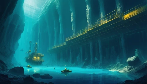 mining facility,undersea,underground lake,sea trenches,submersible,underwater landscape,cave on the water,sunken ship,sunken boat,deep sea diving,semi-submersible,the bottom of the sea,mining excavator,mining,deep sea,exploration of the sea,the blue caves,blue cave,ocean floor,below,Conceptual Art,Fantasy,Fantasy 02
