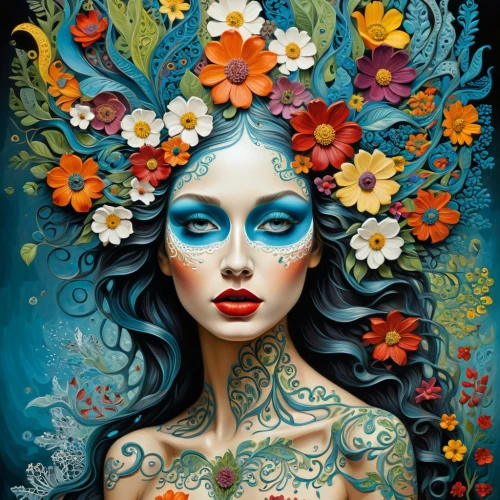 girl in flowers,body painting,boho art,beautiful girl with flowers,bodypainting,flower girl,flower fairy,flora,psychedelic art,wreath of flowers,fantasy art,bodypaint,geisha girl,flower wall en,flower painting,blue flower,body art,tattoo girl,girl in a wreath,fantasy portrait,Illustration,Realistic Fantasy,Realistic Fantasy 40