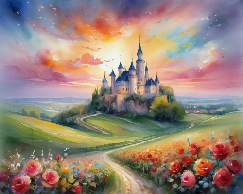 fairy tale castle,fairytale castle,fantasy picture,fantasy landscape,fantasy world,disney castle,shanghai disney,fairy tale,cinderella's castle,fairytale,children's fairy tale,watercolor background,fairy world,landscape background,a fairy tale,fantasy art,knight's castle,3d fantasy,castle of the corvin,world digital painting,Illustration,Paper based,Paper Based 11