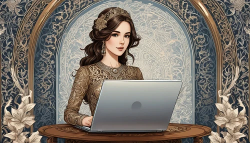 girl at the computer,victorian lady,antique background,jane austen,illustrator,damask background,portrait background,miss circassian,bussiness woman,girl studying,book illustration,world digital painting,game illustration,sci fiction illustration,fairy tale character,monarch online london,vintage woman,blogger icon,fashion illustration,vintage lavender background,Illustration,Black and White,Black and White 03