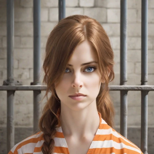prisoner,clary,queen cage,clementine,detention,orange,prison,liberty cotton,portrait of a girl,nora,mary jane,redheaded,portrait background,young woman,redhead doll,horizontal stripes,freckles,handcuffed,british actress,daisy 2