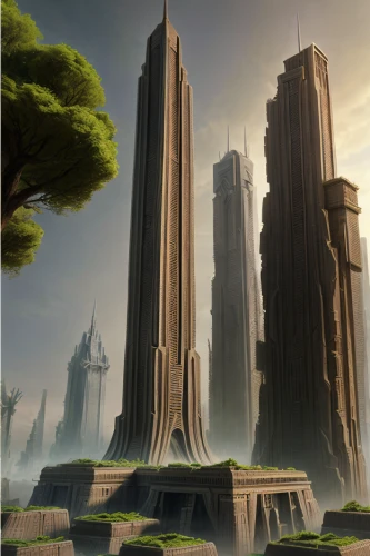 futuristic landscape,ancient city,monolith,futuristic architecture,megaliths,stone towers,pillars,skyscraper town,urban towers,towers,stonehenge,karnak,skyscrapers,imperial shores,metropolis,citadel,power towers,high rises,the ruins of the,megalithic