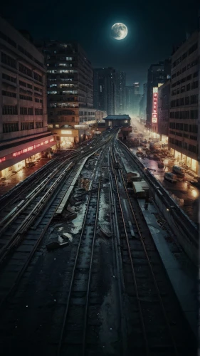 digital compositing,photomanipulation,rail traffic,photo manipulation,railway tracks,railtrack,tracks,railroad,black city,night photograph,night image,night highway,railroad track,metropolis,night scene,railroads,night photography,train track,south korea subway,railroad tracks