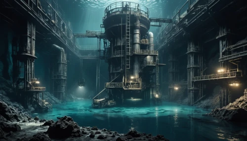 heavy water factory,underwater playground,industrial ruin,atlantis,mining facility,underground lake,sunken church,underwater landscape,sci fiction illustration,abandoned place,industrial landscape,artificial island,water castle,fractal environment,abandoned places,lost place,ancient city,underwater oasis,hydropower plant,aqua studio,Conceptual Art,Fantasy,Fantasy 33