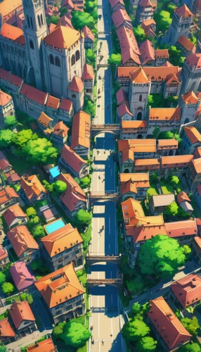 roads,volterra,city highway,roofs,the street,blocks of houses,neighborhood,road,street,skyscraper town,street canyon,tuscan,crossroad,overpass,above the city,escher village,colorful city,flyover,suburbs,from above,Illustration,Japanese style,Japanese Style 03