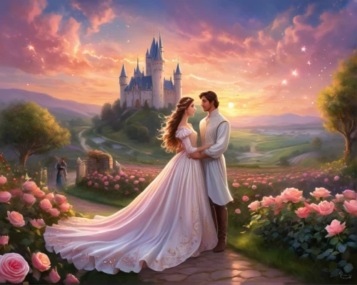 a fairy tale,fairytale,fairy tale,romantic scene,fantasy picture,romantic portrait,fairy tale castle,fairytales,fairytale castle,wedding couple,children's fairy tale,disney rose,wedding photo,cinderella's castle,fairy tales,wedding invitation,romantic rose,cinderella,bride and groom,fairy tale character,Illustration,Realistic Fantasy,Realistic Fantasy 01