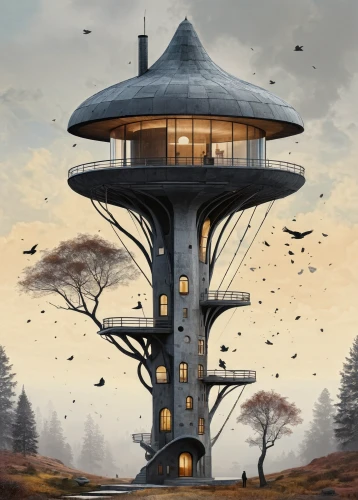 tree house,bird tower,treehouse,tree house hotel,observation tower,pigeon house,animal tower,watertower,syringe house,lookout tower,watchtower,bird house,round house,water tower,bird home,panopticon,stilt house,fairy chimney,control tower,birdhouse