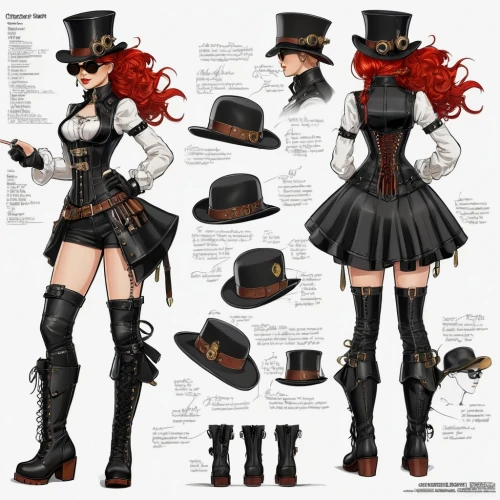 steampunk,hatter,black hat,stovepipe hat,top hat,gothic fashion,ringmaster,costume design,the hat-female,bowler hat,halloween witch,leather hat,victorian style,witch's hat,witch's legs,designer dolls,poker primrose,tea party collection,a uniform,redhead doll,Unique,Design,Character Design