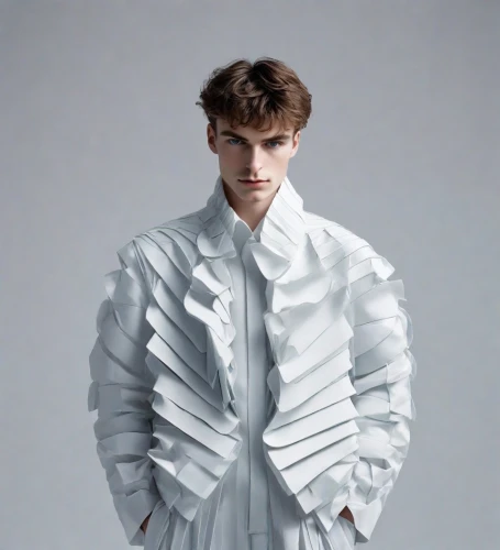 white coat,male model,white silk,bolero jacket,white clothing,asymmetric cut,paper white,rolls of fabric,ruffle,menswear,fashion design,folded paper,fabric,anellini,george russell,protective suit,suit of the snow maiden,spring white,paper patterns,garment,Photography,Realistic