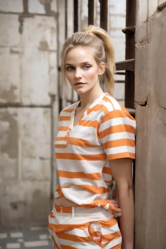 prisoner,horizontal stripes,olallieberry,eastern state penitentiary,photo session in torn clothes,girl in a historic way,sarah walker,girl in t-shirt,liberty cotton,prison,women clothes,polo shirt,menswear for women,striped background,brittany,magnolieacease,orange,television character,drug rehabilitation,iulia hasdeu castle