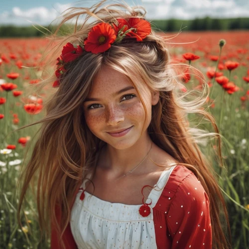 beautiful girl with flowers,girl in flowers,flower crown,flower hat,flower girl,red flowers,daisies,flower background,red flower,flowery,floral,poppy red,bright flowers,flower field,beautiful young woman,girl picking flowers,field of flowers,a girl's smile,girl in a wreath,country dress,Photography,Documentary Photography,Documentary Photography 11