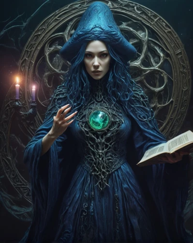 sorceress,blue enchantress,magic grimoire,divination,the enchantress,the witch,priestess,fantasy portrait,mage,spell,dodge warlock,magic book,magistrate,mystical portrait of a girl,caerula,celebration of witches,magus,witch,candlemaker,fantasy picture,Illustration,Realistic Fantasy,Realistic Fantasy 47