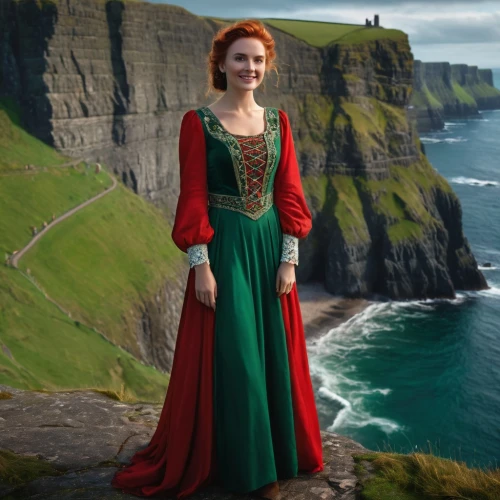 celtic queen,celtic woman,ireland,princess anna,red tunic,irish,red cape,maureen o'hara - female,cliff of moher,carrick-a-rede,cliffs of moher,celtic harp,moher,donegal,northern ireland,happy st patrick's day,cliffs of moher munster,orla,isle of may,costume design,Photography,General,Fantasy
