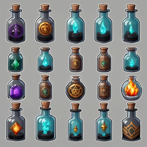 potions,gas bottles,bottles,collected game assets,glass items,glass bottles,drink icons,vials,poison bottle,apothecary,reagents,flasks,inventory,mod ornaments,set of icons,trinkets,elements,beer sets,five elements,crown icons,Unique,Design,Character Design