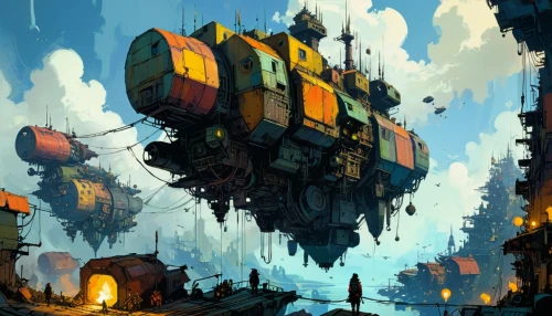 airships,airship,transistor,air ship,fantasy city,scrapyard,container freighter,ancient city,merchant train,ship wreck,futuristic landscape,cargo containers,hanging houses,junkyard,dreadnought,sci fiction illustration,container,traveler,scifi,travelers,Conceptual Art,Sci-Fi,Sci-Fi 01