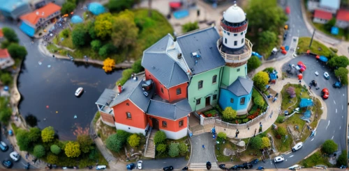 escher village,tilt shift,aerial view umbrella,aerial landscape,bird's eye view,aerial photography,bird's-eye view,aerial shot,roof domes,view from above,roofs,houses,church towers,from above,house roofs,aurora village,drone image,kazan,townscape,vilnius,Unique,3D,Panoramic