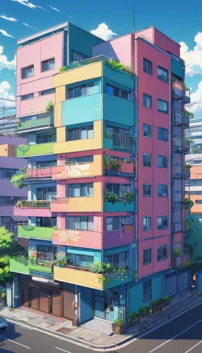 apartment block,apartment building,apartment complex,colorful city,apartment-blocks,apartment blocks,an apartment,apartment house,honolulu,colorful facade,apartment buildings,sky apartment,apartments,mixed-use,suburb,block of flats,residential,apartment,shared apartment,naginatajutsu,Illustration,Japanese style,Japanese Style 03