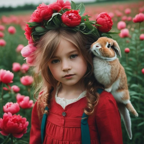 beautiful girl with flowers,bunny on flower,girl in flowers,girl picking flowers,flower girl,child fox,holding flowers,little bunny,flower animal,little girl in wind,vintage boy and girl,little red riding hood,little rabbit,little girl in pink dress,little boy and girl,children's fairy tale,peter rabbit,innocence,girl and boy outdoor,little girl fairy,Photography,Documentary Photography,Documentary Photography 08