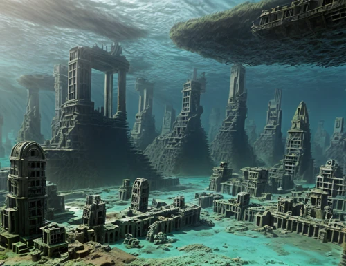 underwater landscape,atlantis,artificial island,ocean floor,ancient city,imperial shores,cube sea,coral reef,sunken church,underwater playground,long reef,undersea,underwater oasis,ocean underwater,futuristic landscape,artificial islands,fractal environment,the bottom of the sea,water castle,sea trenches