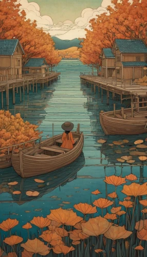 boat landscape,autumn camper,autumn idyll,autumn scenery,autumn landscape,fall landscape,fishing float,picnic boat,autumn background,autumn theme,floating huts,canoe,canoeing,row boat,lake tanuki,wooden boat,autumn day,the autumn,canoes,one autumn afternoon,Illustration,Japanese style,Japanese Style 15